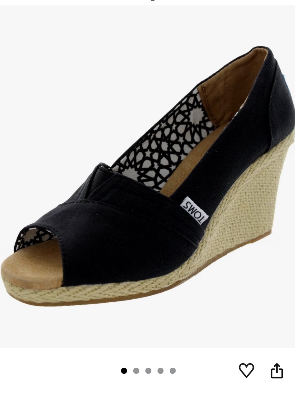 Toms Black Canvas Peep Toe Wedge Espadrille 9.5 Wide